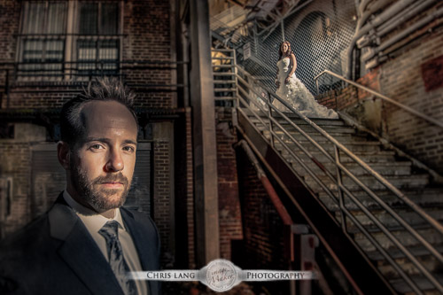 A wedding picture of a couple kissing in front if a majestic sunset with orange and red skies.  Wilmington NC Wedding Photography